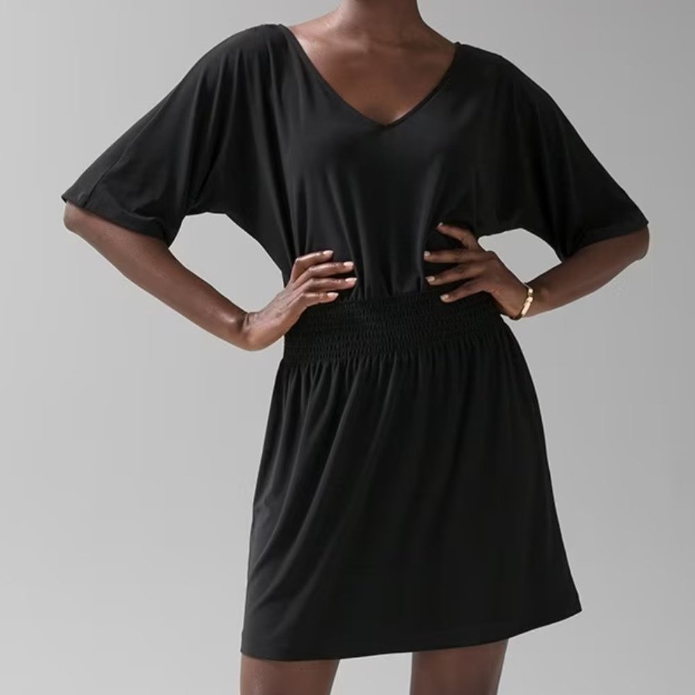 White House Black Market Dress Short Sleeve Smocked Black Size Medium Petite